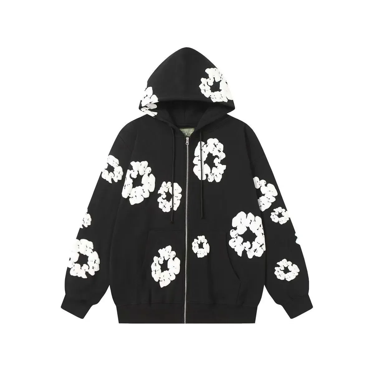 Black White Floral Print Zip-Up Hoodie