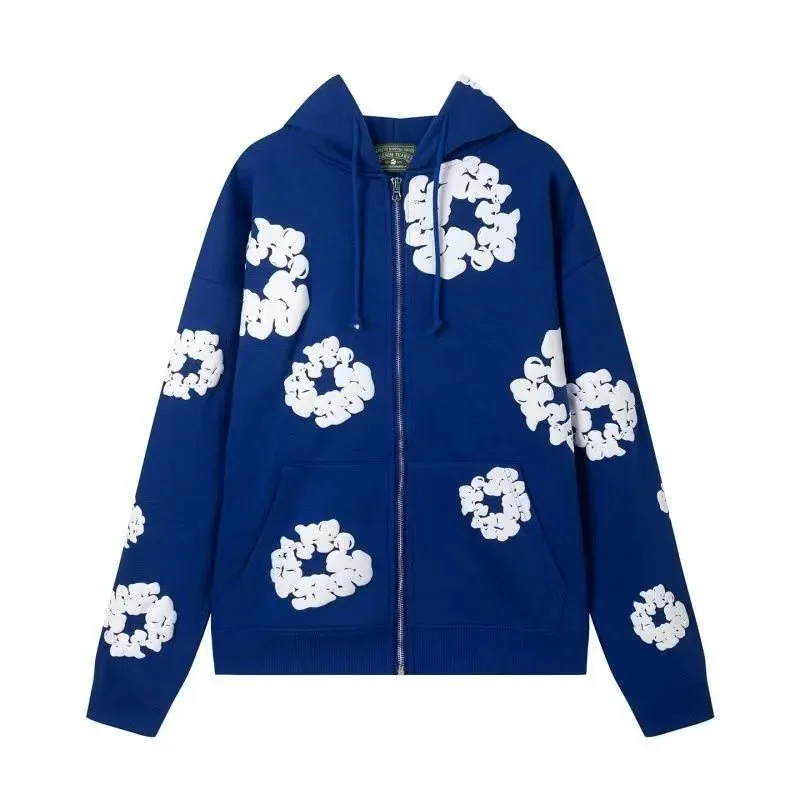 Blue Floral Print Zip-Up Hoodie