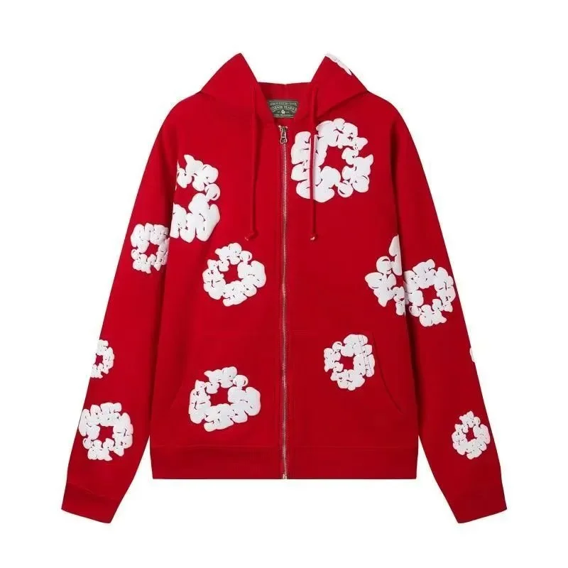 Red White Floral Print Zip-Up Hoodie