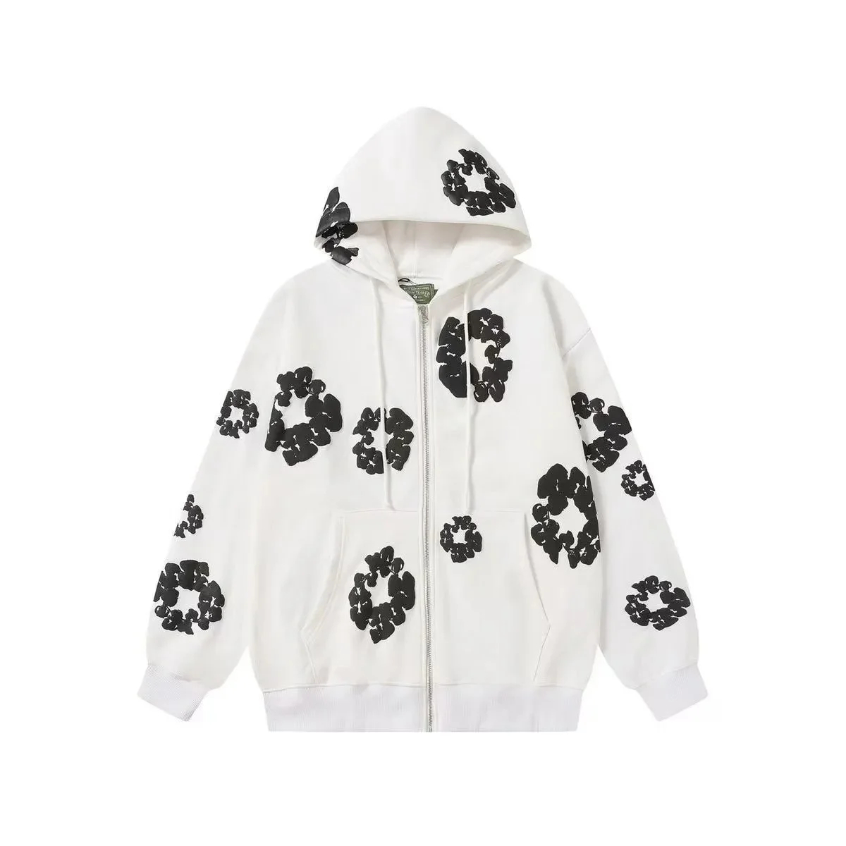 White Black Floral Zip-Up Hoodie