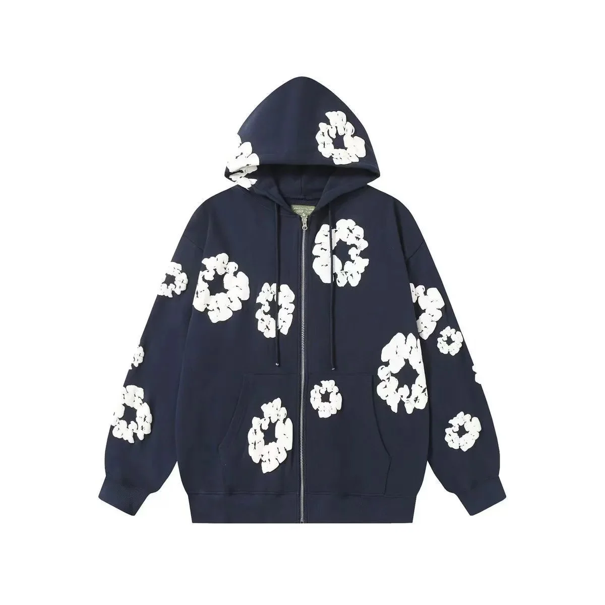 Navy White Floral Zip-Up Hoodie