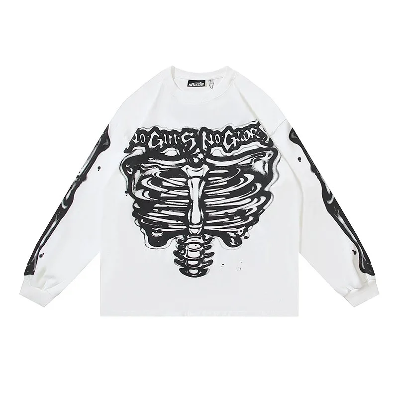 Unisex White 'No Guns No Glory' Skeleton Print Long Sleeve T-Shirt