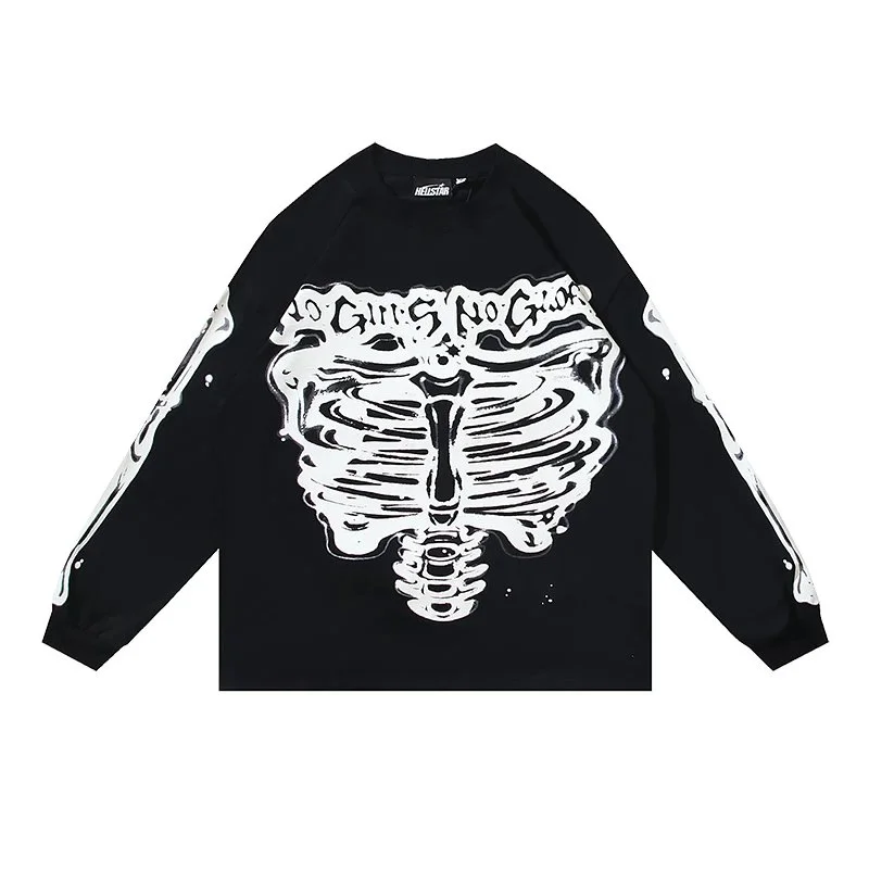 No Brand Skeleton Print Long Sleeve T-Shirt 08 Black