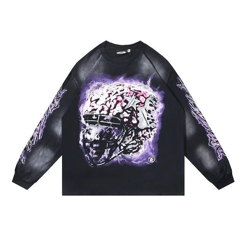 Unisex Black Purple Helmet Print Long Sleeve T-Shirt
