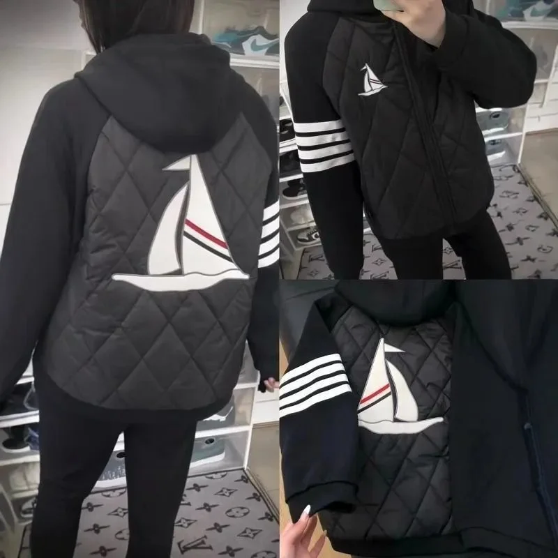 Black Diamond Quilted Hoodie Jacket with Sailboat Print