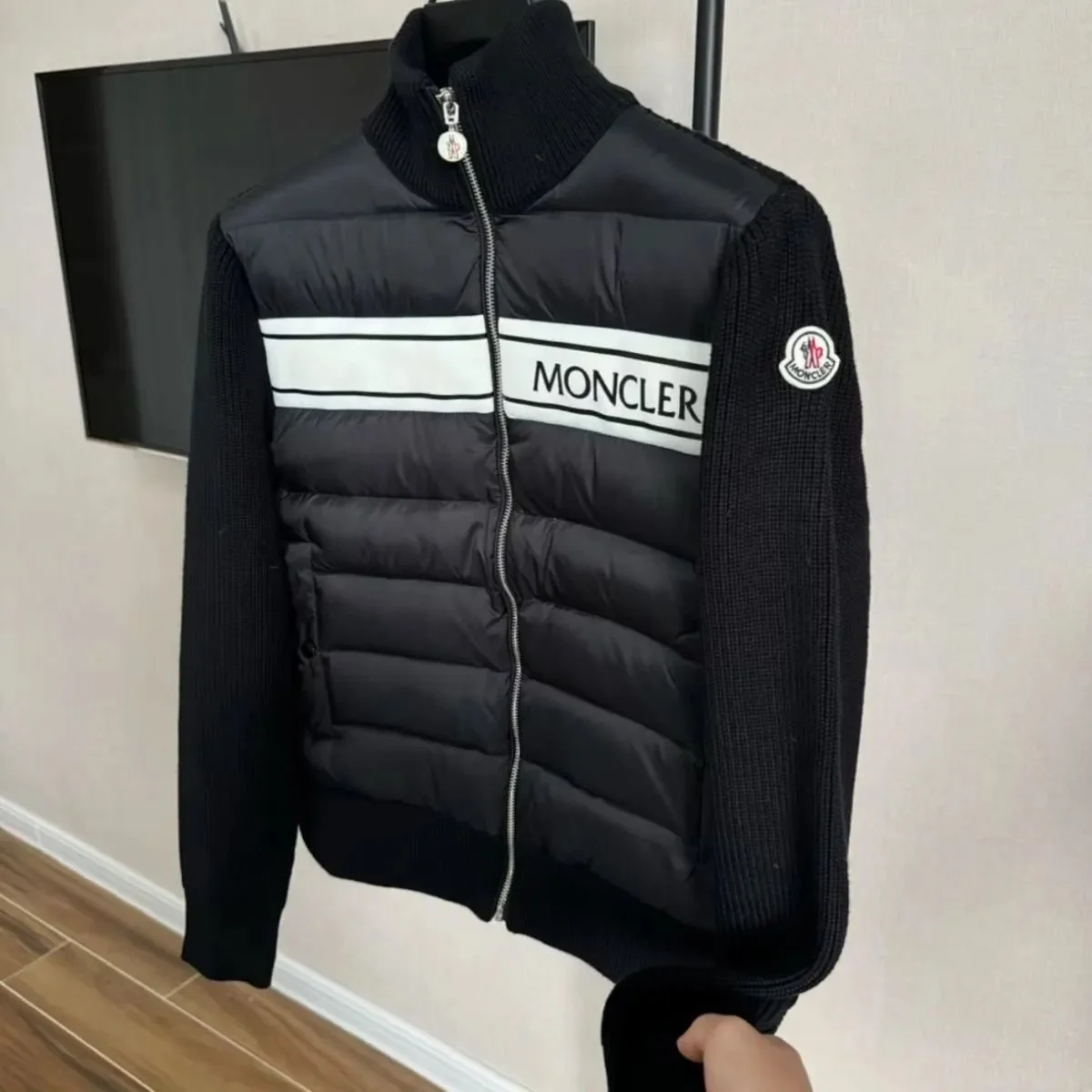 Moncler Black & White Logo Cardigan Coat