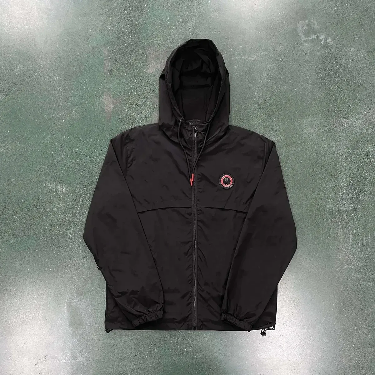 Black Windbreaker Jacket with Red Logo Hooded