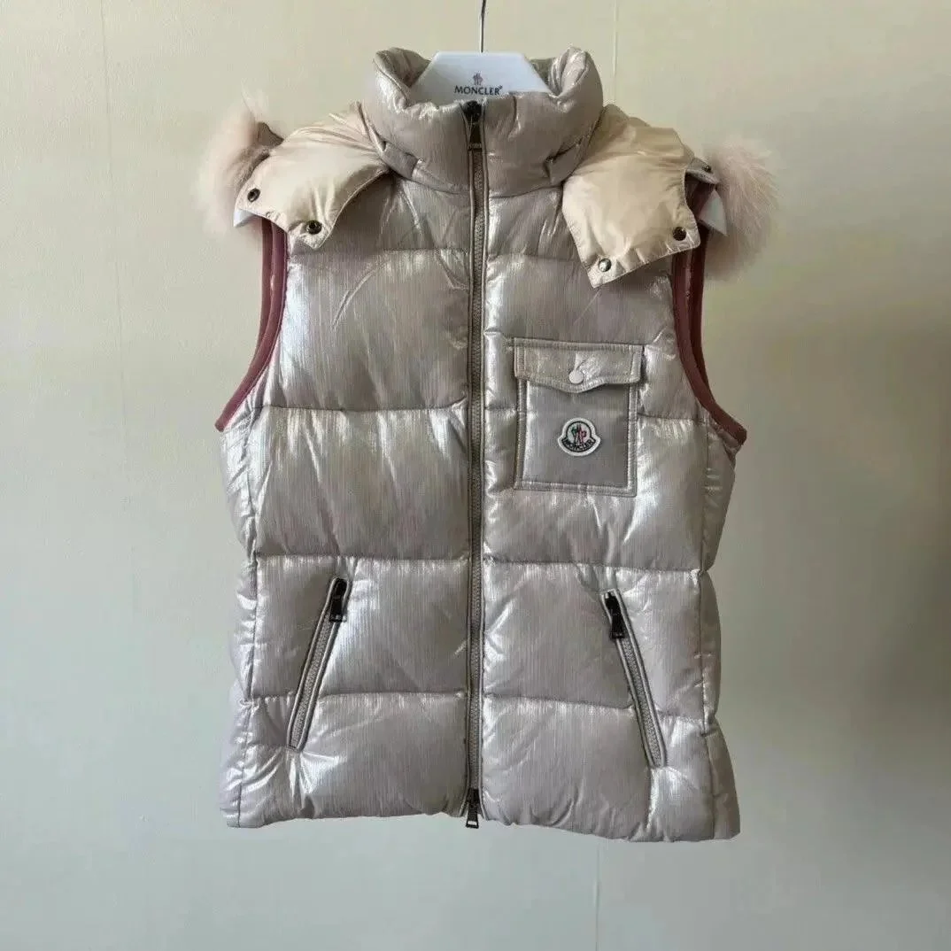 Moncler Metallic Silver Fur Trim Vest