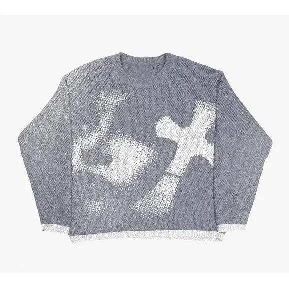 Unisex Grey Cross Print Knit Sweater