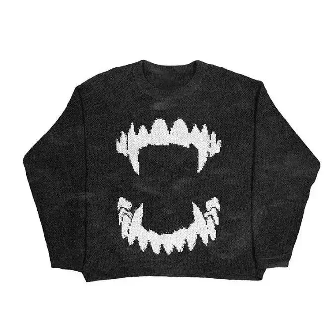 Black White Teeth Print Crewneck Sweater