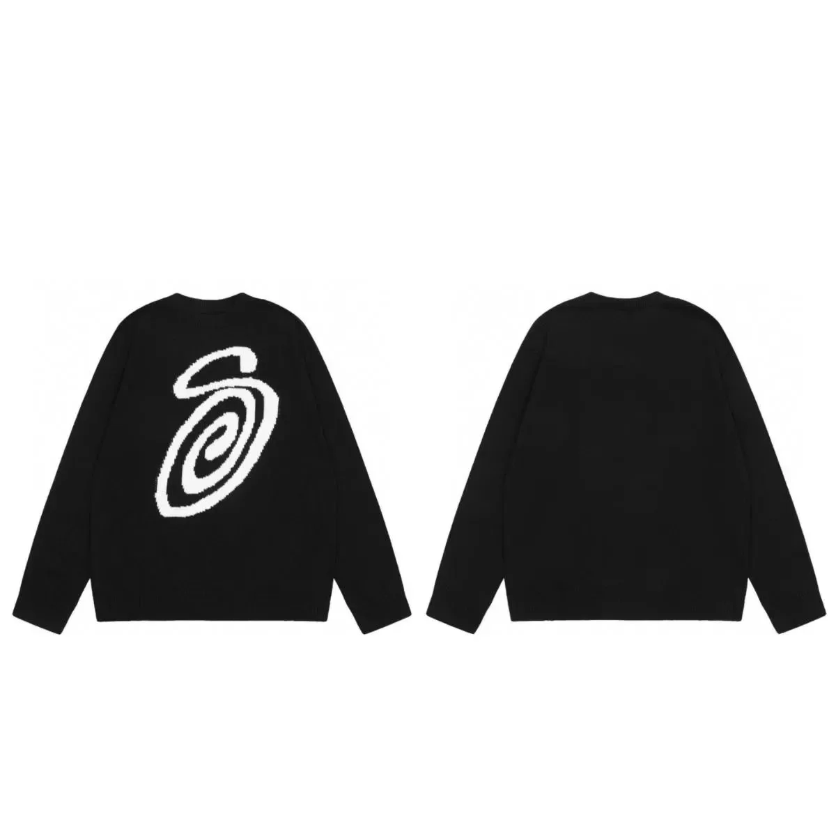 Black Spiral Knit Sweater with White Graphic