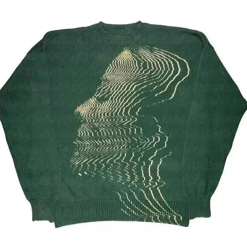 Abstract Green Knit Sweater with Wave Print