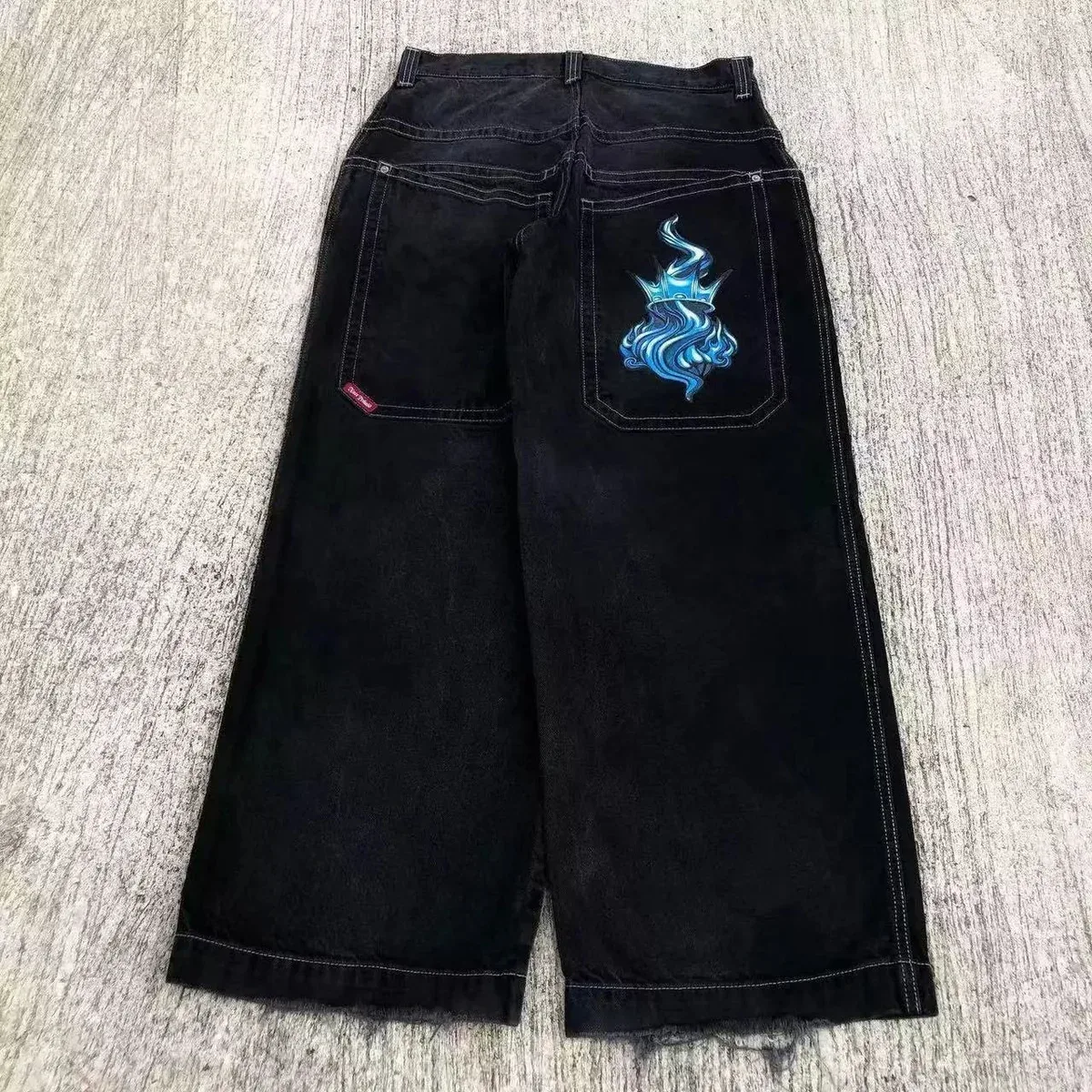 Black Flame Print Wide Leg Jeans