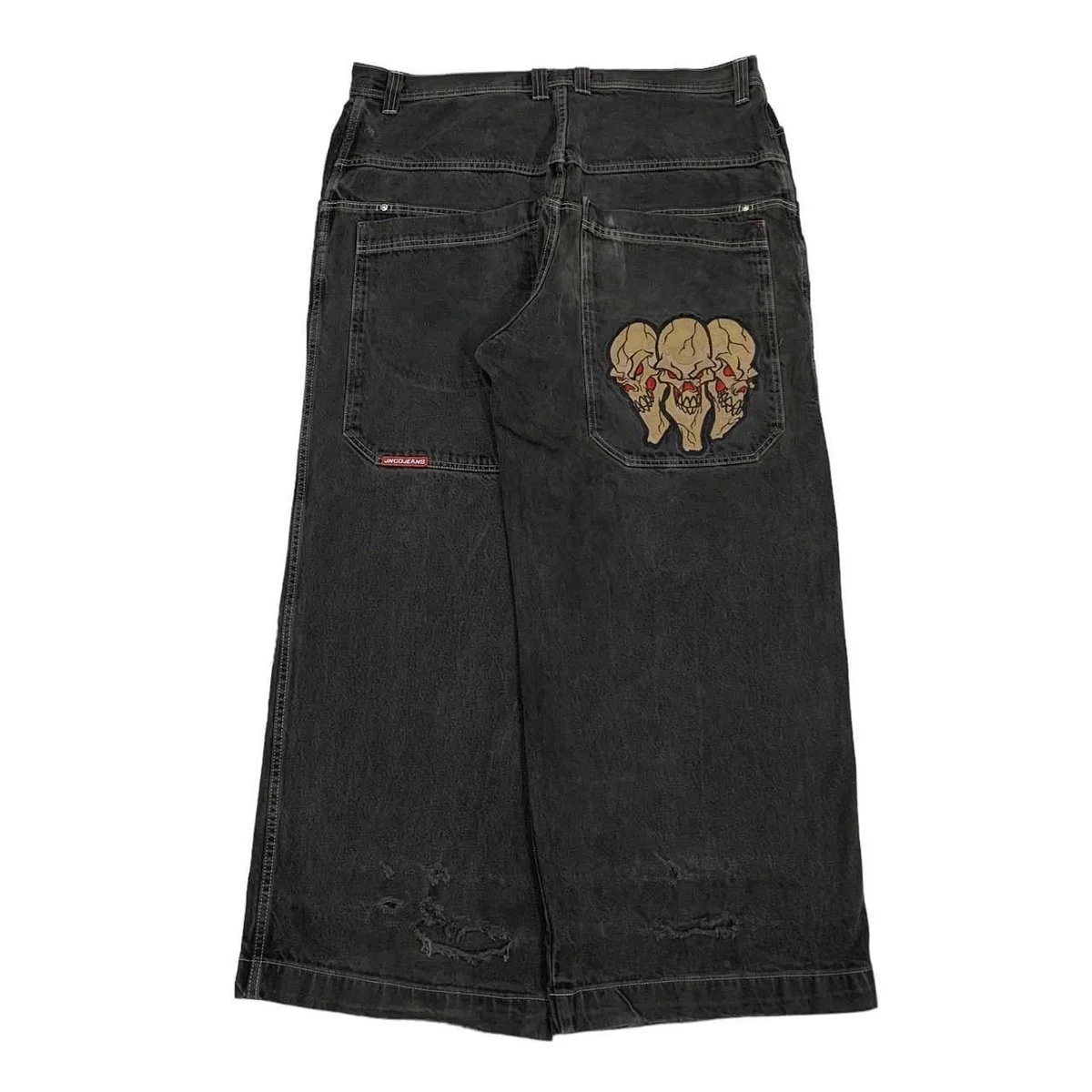 Other Unisex Black Triple Skull Patch Denim Jeans Black - 1