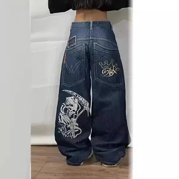 Dark Blue Embroidered Jeans Streetwear