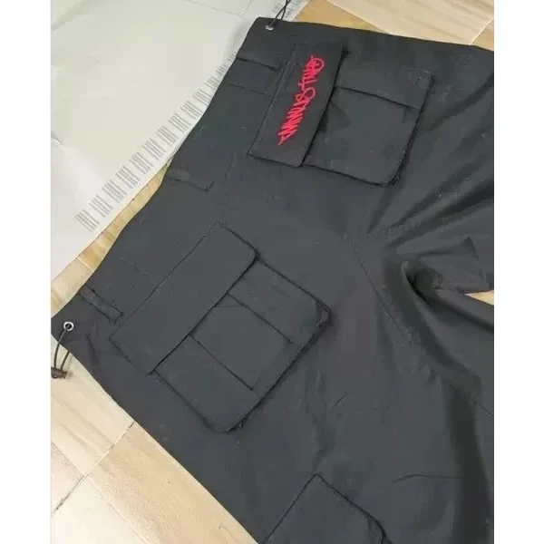 Black Cargo Shorts with Red 'GALYSTUNN' Embroidery