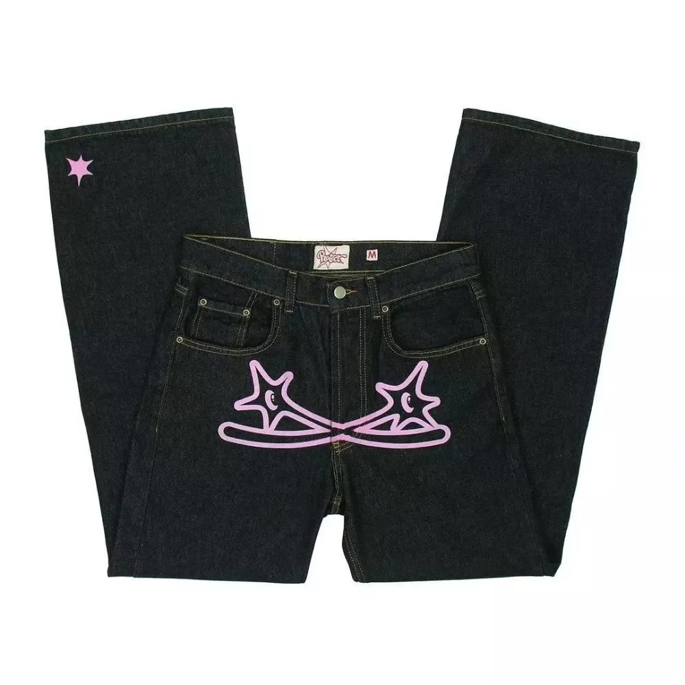 Unisex Dark Denim Jeans with Pink Crown Embroidery
