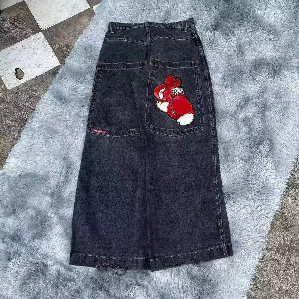Unisex Dark Wash Boxing Gloves Patch Jeans