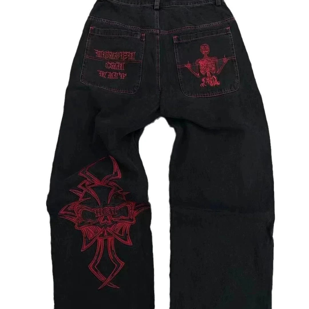 Black Embroidered Jeans with Red Cross & Skeleton Design