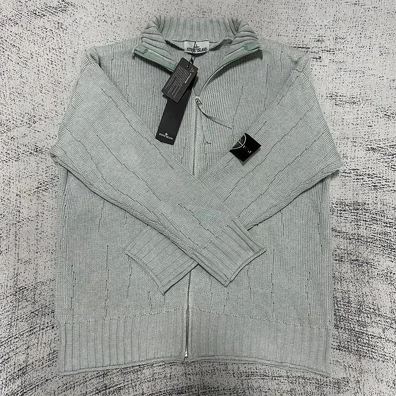 Stone Island 68-15 Grey Cable Knit Zip-Up Sweater