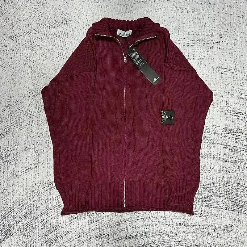 Stone Island 68-15 Burgundy Cable Knit Zip-Up Sweater