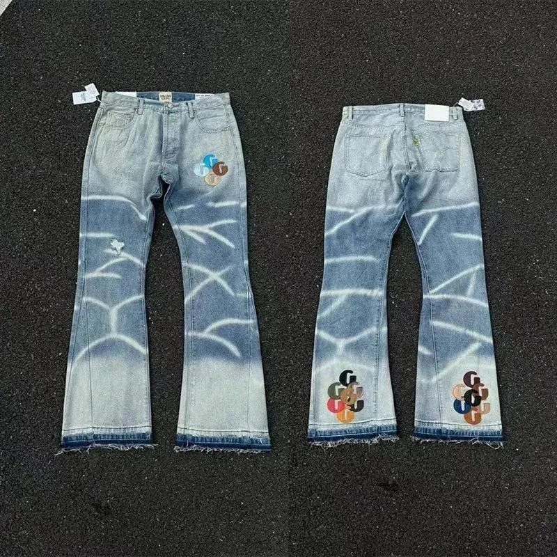Custom Denim Jeans with Colorful Embroidery & Tie-Dye