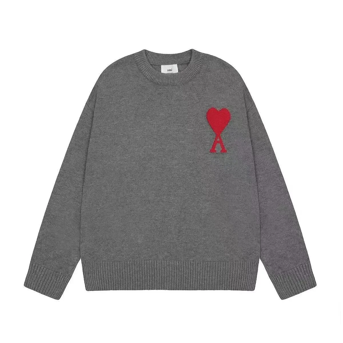 AMI Ami de Coeur Grey Red Heart Sweater