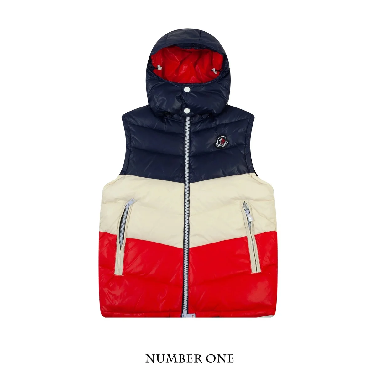 Moncler Hooded Puffer Vest Red/White/Navy