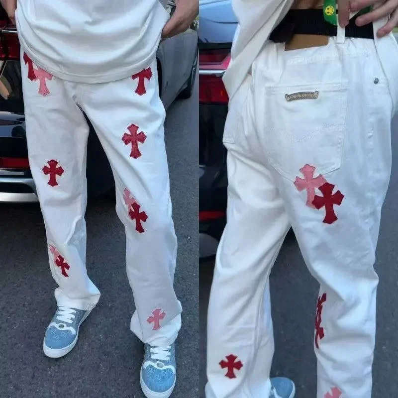 White Cross Embroidered Jeans