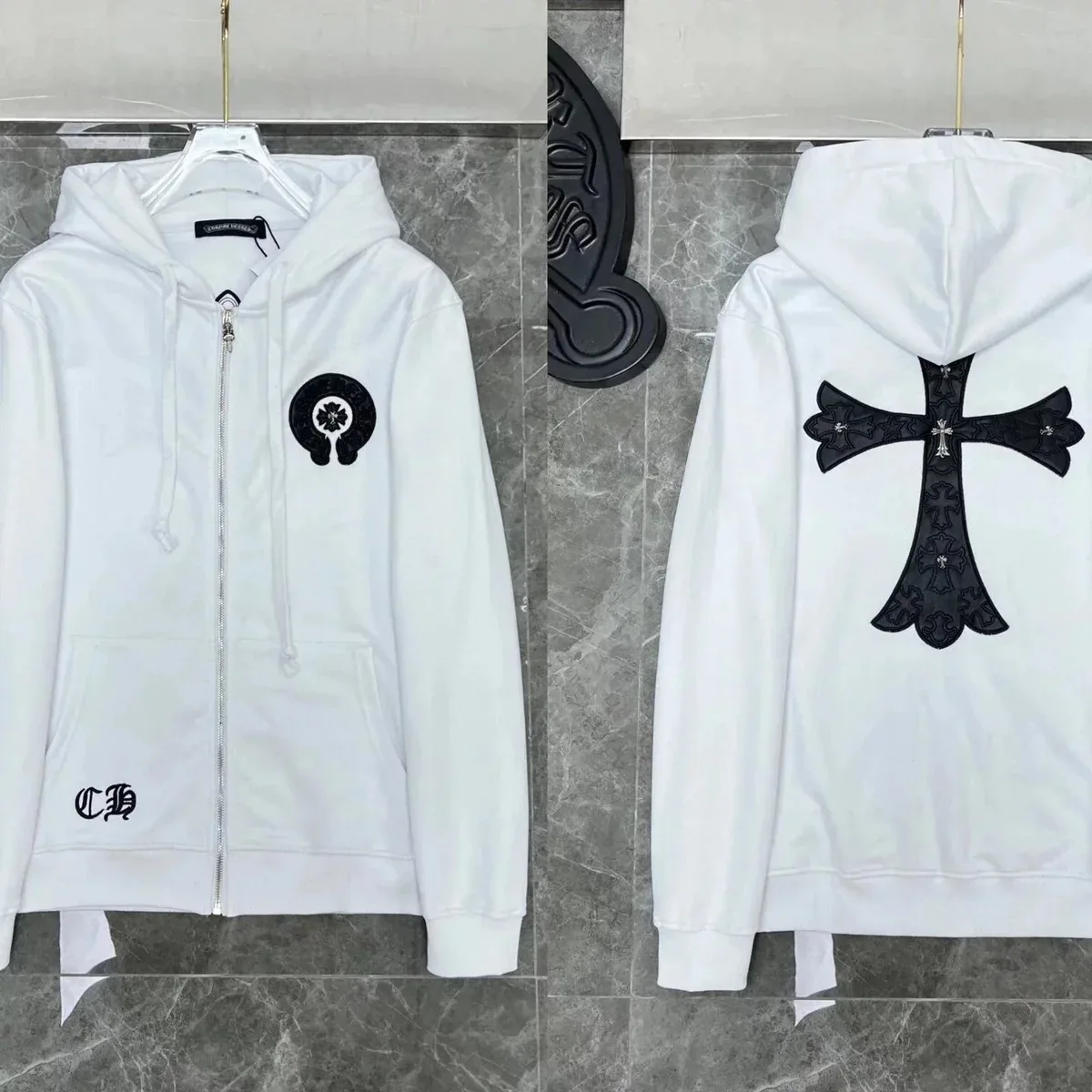 Chrome Hearts CH Cross White Hoodie with Black Embroidery