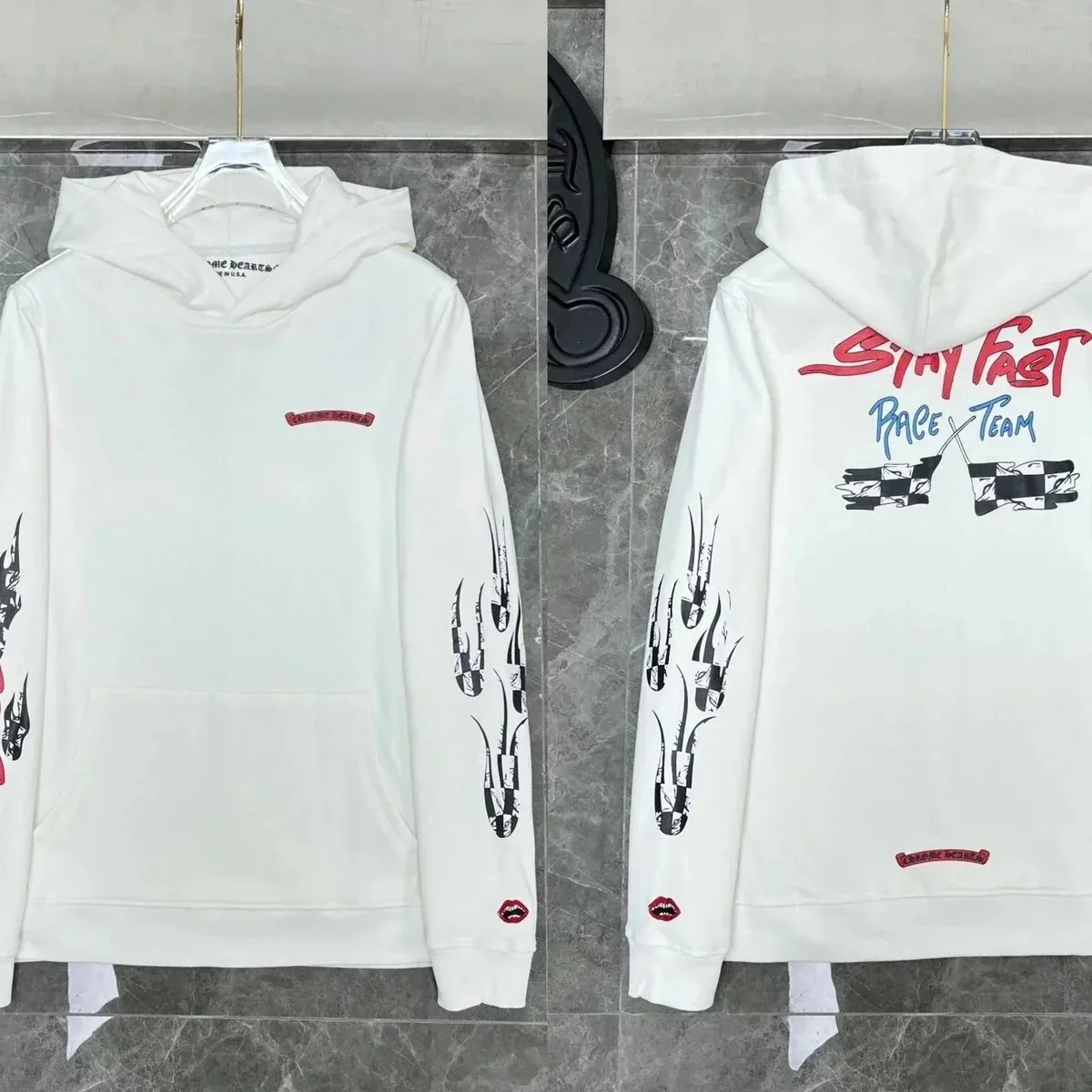 Chrome Hearts CH Cross White Hoodie with Race Team Print