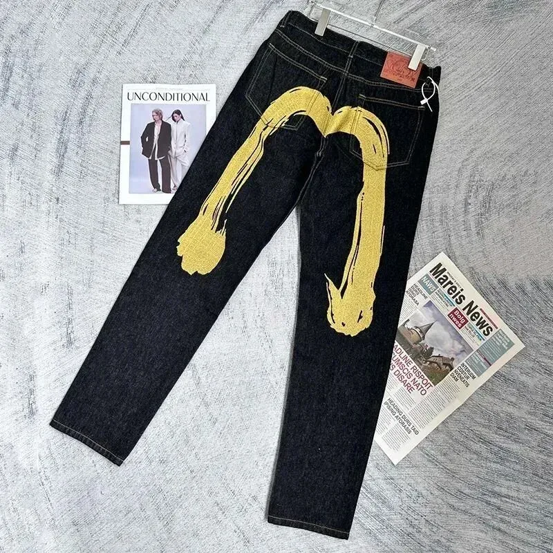 Unisex Black Denim Jeans with Gold Paint Detail