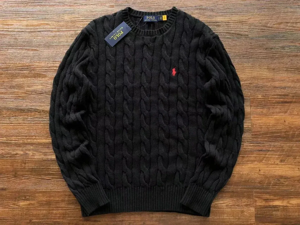Polo Ralph Lauren Cable Knit Sweater Black Red Pony Men