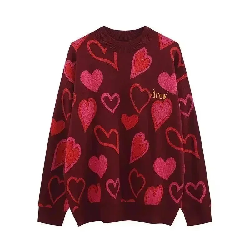 Drew House Heart Print Sweater Red Wine Casual