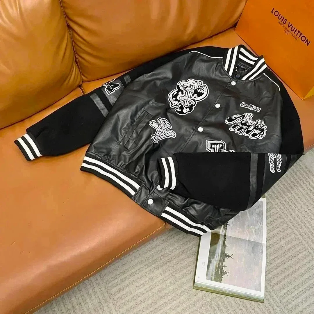Black Leather Varsity Jacket with Embroidered Patches