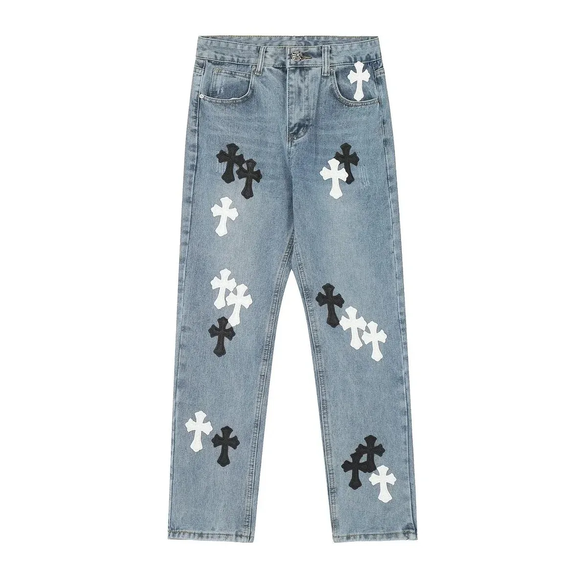 Chrome Hearts Cross Embroidered Jeans Light Blue