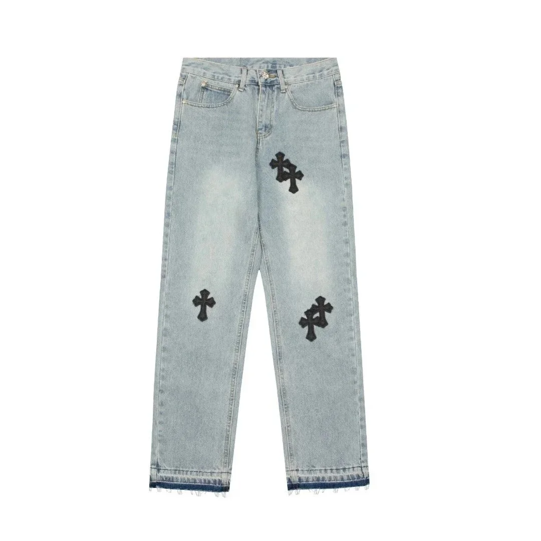 Chrome Hearts Cross Embroidered Jeans Light Blue Denim