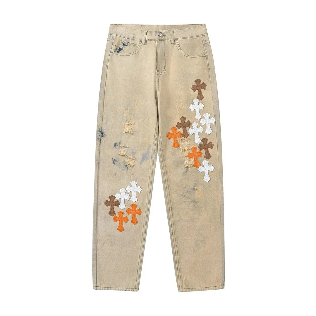 Unisex Distressed Cross Applique Jeans Beige