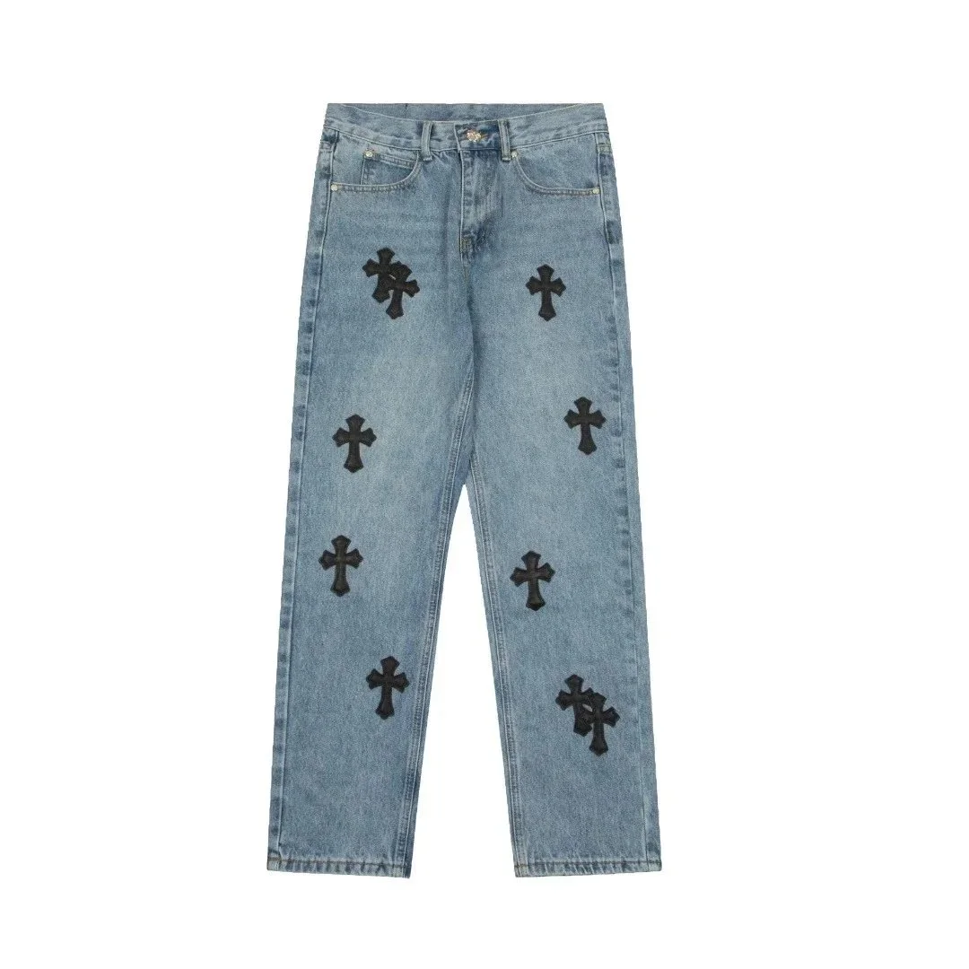 Chrome Hearts Cross Embroidered Jeans Light Blue