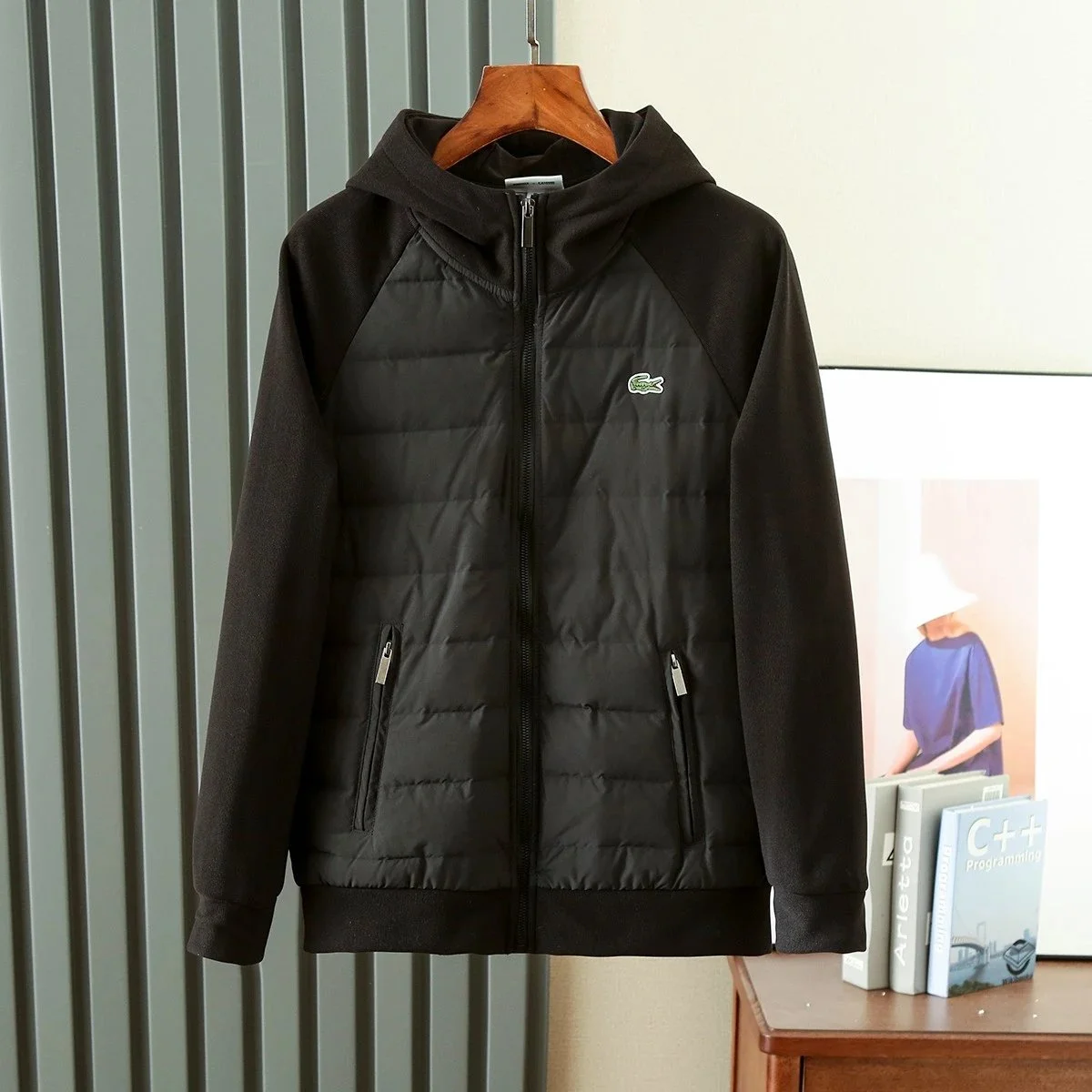 Lacoste Black Crocodile Hooded Puffer Jacket