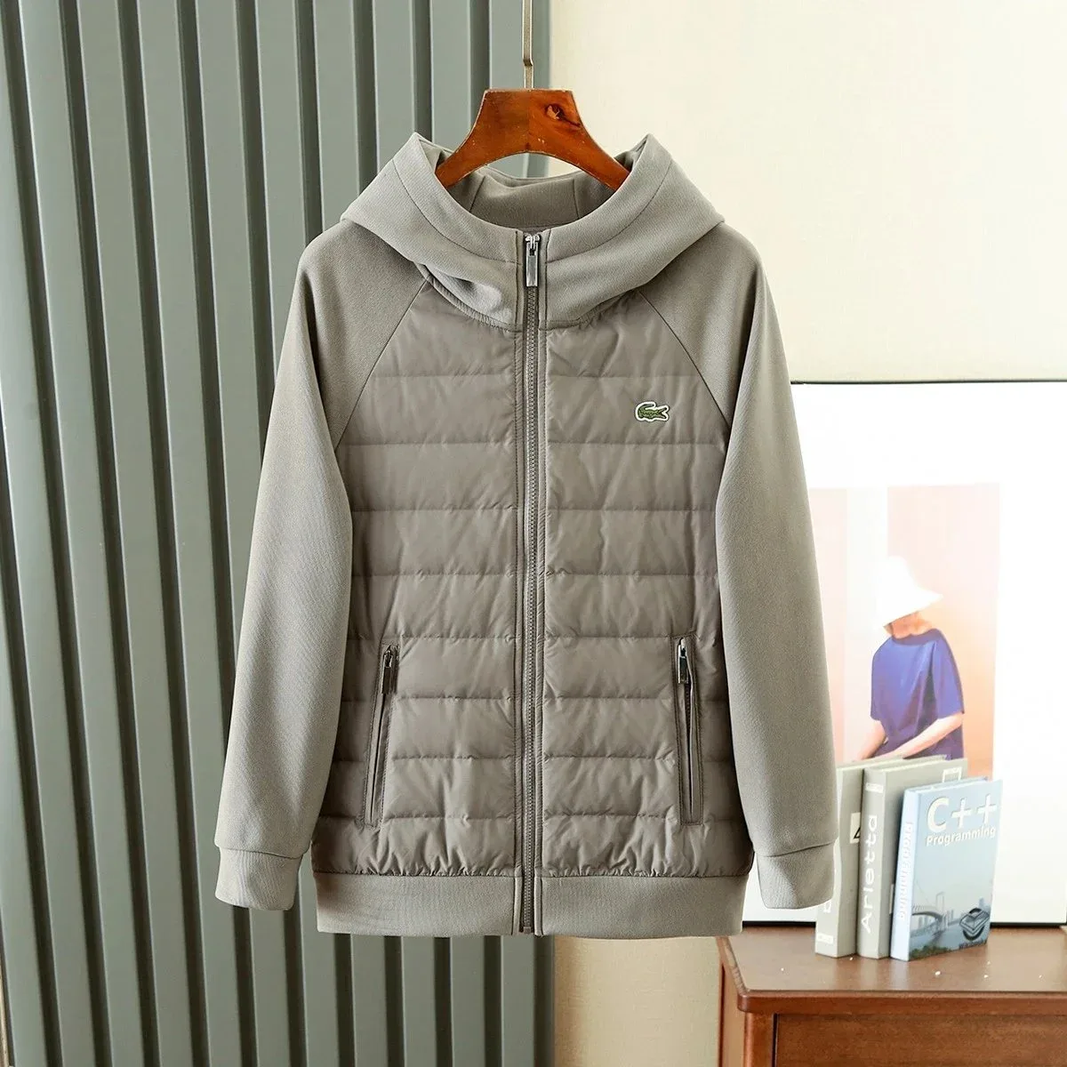 Lacoste Silver Grey Hooded Puffer Jacket