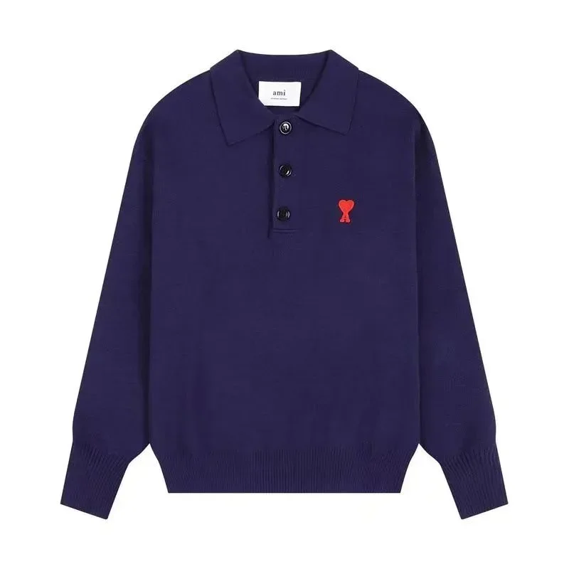 Ami Paris Navy Blue Polo Sweater with Red Logo