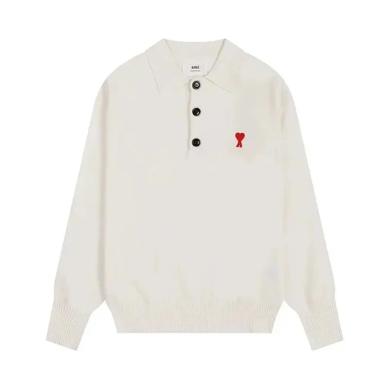 Ami Polo Shirt with Red Logo Cream Knit Top