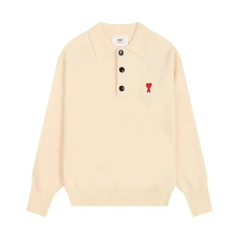 Ami Cream Polo Sweater with Red Logo
