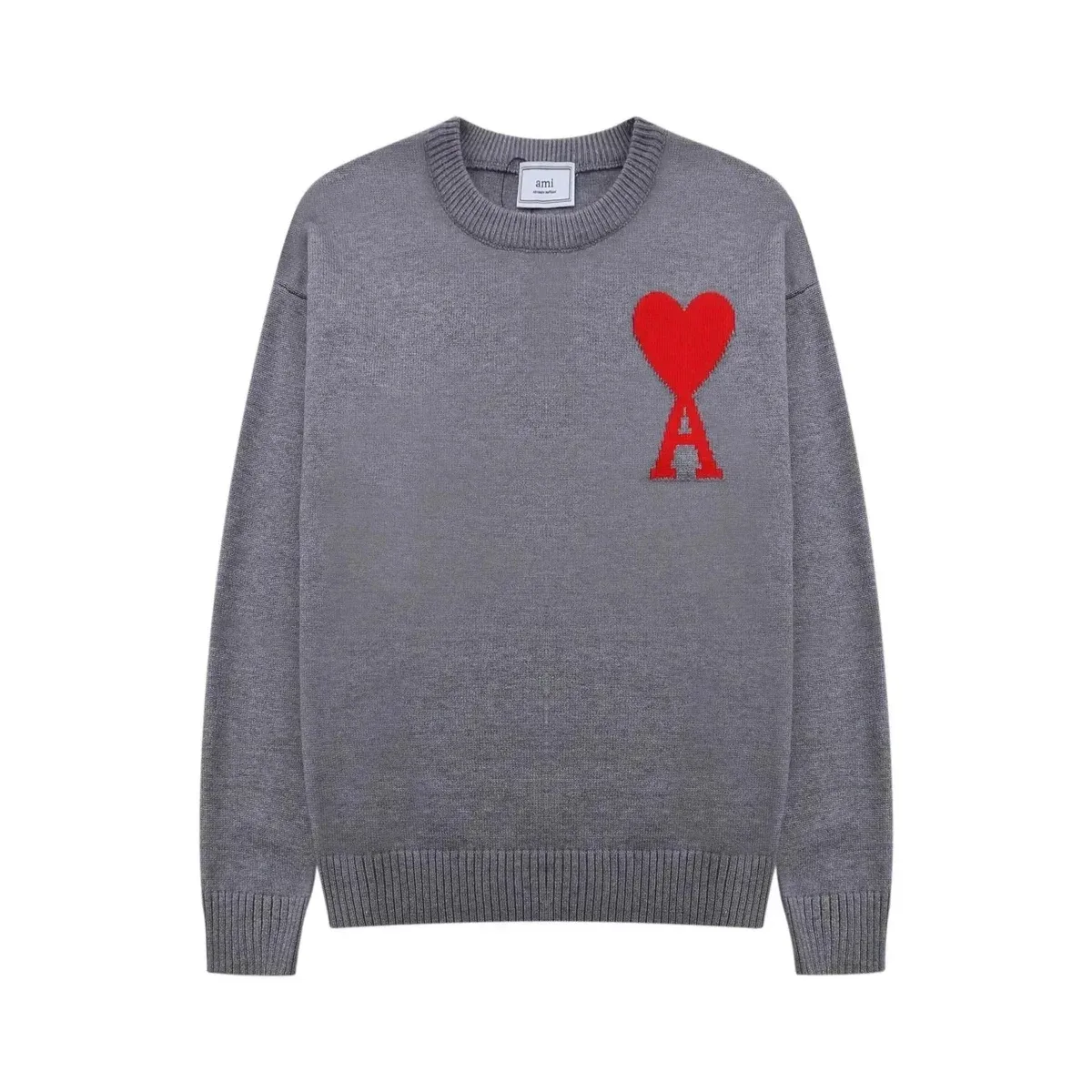 AMI A8 Classic Heart Crewneck Grey Red Heart Sweater