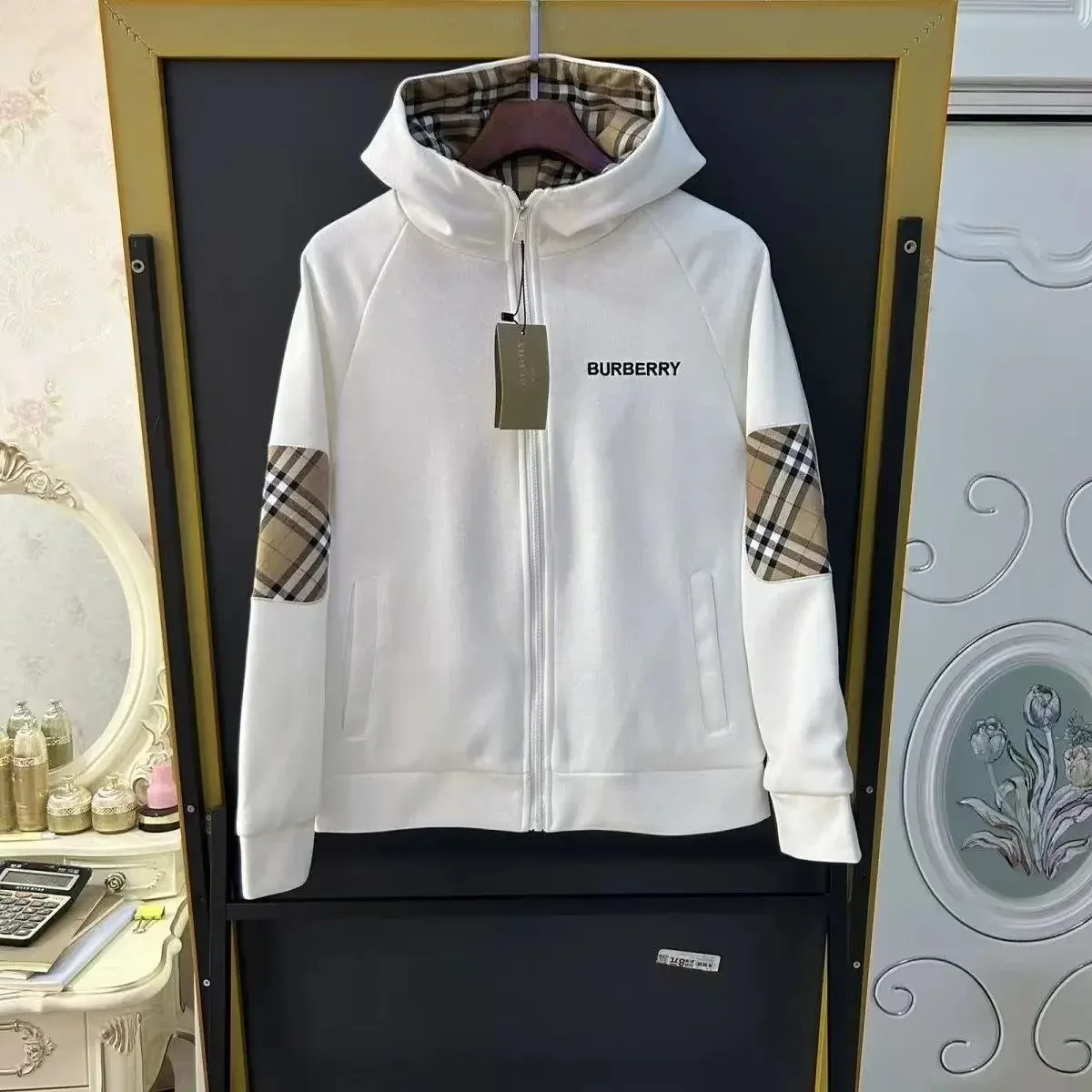 Burberry White Check Elbow Patch Hoodie