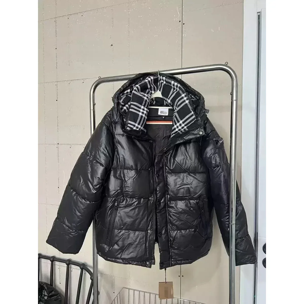 Black & White Plaid Hooded Puffer Jacket