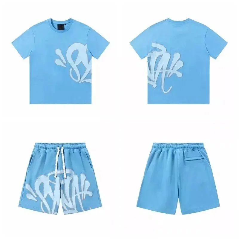 Streetwear Set: Blue Graffiti Print T-Shirt & Shorts