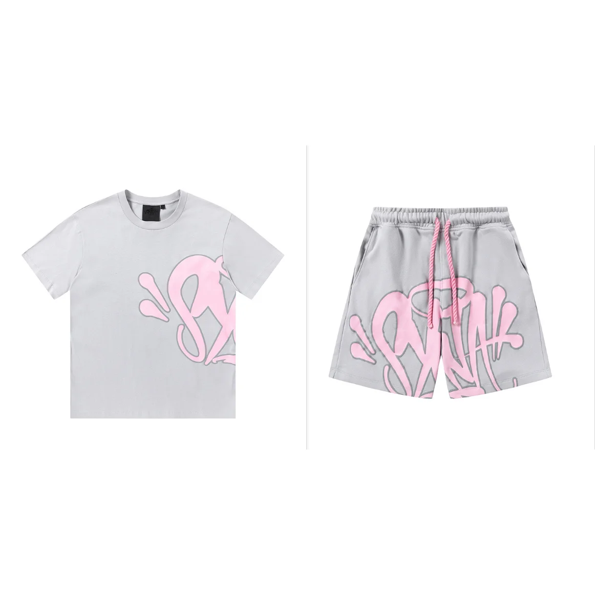 10 Light Grey Set with Pink Graffiti Print T-Shirt & Shorts