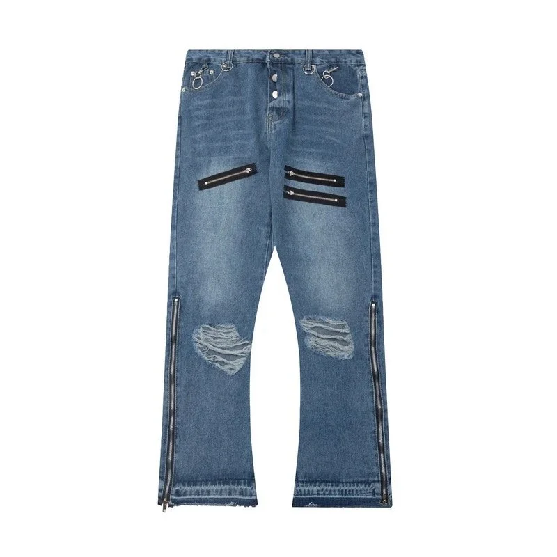 Distressed Zipper Detail Jeans Blue Denim